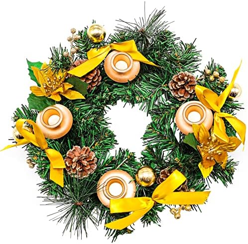 זר חג המולד של יאהה עם מבטאי סרט זהב ומחזיק נרות טבעת זהב, עיצוב מסורתי לחג נהדר