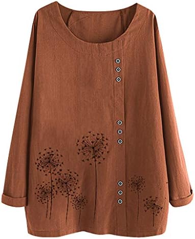 חולצות פשתן לאומדיות נשים O-צוואר שרוול ארוך הדפס פרחוני הדפס וינטג