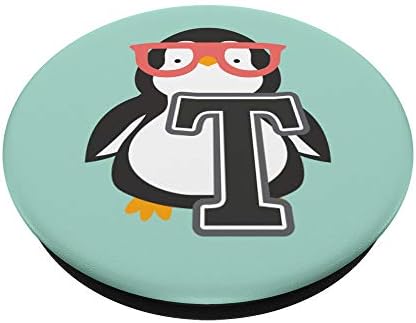 מונוגרמה ראשונית T - פינגווין מצויר חמוד עם משקפיים קופצים אחיזה ועומדים לטלפונים וטבליות