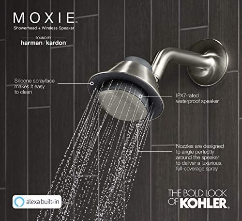 Kohler Moxie Alexa מופעל ראש מקלחת, רמקול מקלחת Bluetooth, רדיו מקלחת, רמקול נטען, רמקול נייד,