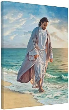 ישוע תמונה קיר קיר אמנות מתנות נוצריות ישוע הולך על פוסטר החוף יצירות אמנות דתיות ישו רוחני ממוסגר לסלון