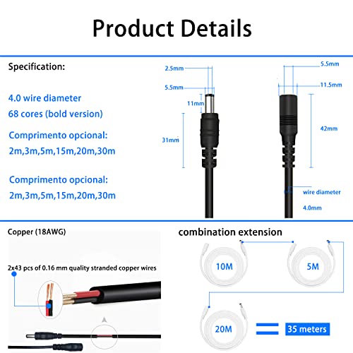 AWG 18 כבל הארכת חשמל DC 15ft 5.5mmx2.5 ממ 5V 12V 24V מתאם אספקת חשמל מתאם CCTV אבטחת אבטחה