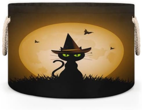 חתול שחור בכובע ירח מלא סלים עגולים גדולים לאחסון סלי כביסה עם ידיות סל אחסון שמיכה למדפי אמבטיה פחים