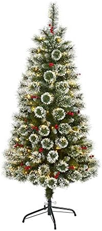 כמעט טבעי 5ft. עץ חג המולד המלאכותי של אורן שוויצרי עם 200 נורות LED וגרגרים ברורים, ירוק