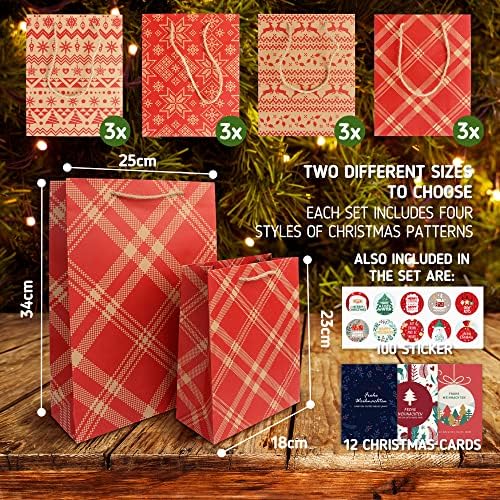 Biroyal שקיות מתנה לחג המולד של 12 חבילות, 4 עיצובים שקיות נייר קראפט לחג המולד עם ידיות, שקיות