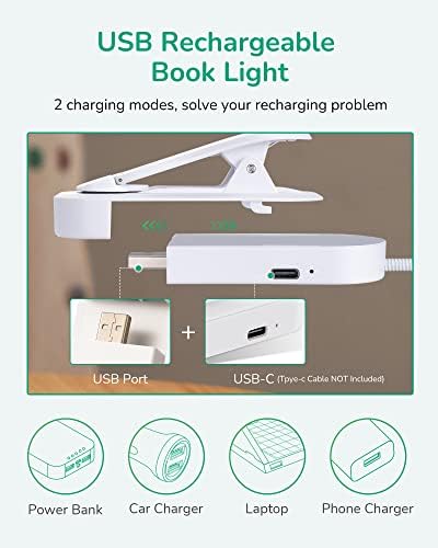 Dewenwils Edishine Book Light לקריאה במיטה, מנורת LED נטענת USB, סימניה לקליפ, טיפול בעיניים לקוראים,