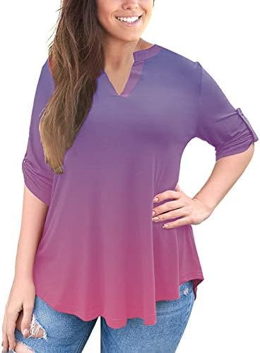 חולצת טיס פרחונית של נשים טופ חולצת קיץ אימון מזדמן בתוספת גודל 3/4 חולצות שרוול גליל חולצות V חולצות צוואר טוניקה