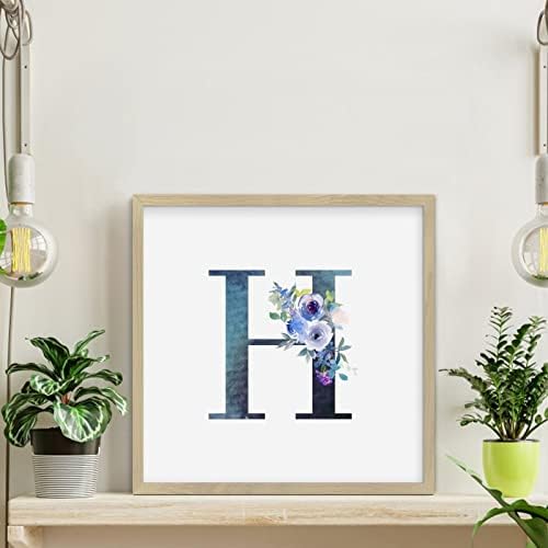 עץ מצחיק שלט מודפס ממוסגר מכתב ראשוני H עיצוב מדף מונוגרמה כחול לחלון במצוקה מצוירת שלט עץ מבוסס ורדים כחולים