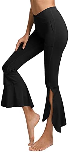 מכנסי יוגה קפרי יוגה של Ywyxhzha של נשים צולבות חריץ חתוך חתוך חתום קרום חותלות תחתיות עם כיס עם כיס