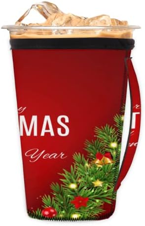 עיצוב לשנה החדשה לחג המולד שרוול קפה קר לשימוש חוזר עם שרוול כוס ניאופרן ידית לסודה, לאטה, תה, משקאות, בירה