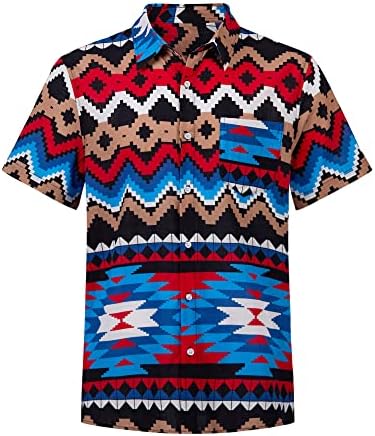כפתור אצטק של גברים מטה חולצה פשתן שרוול קצר חוף קיץ מזדמן חולצות הוואי עם כיס
