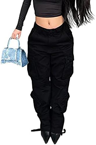 מכנסי מטען לנשים WYEYSYT Y2K כיסים מרובים מכנסיים רחבים מותניים גבוהים מכנסיים מכנסיים לטרקלין היפי