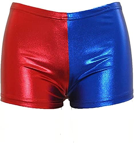 מכנסיים קצרים מתכתיים של Loxdonz מכנסיים מבריקים מכנסיים כחולים אדומים ריקוד שלל מכנסיים חמים מכנסיים