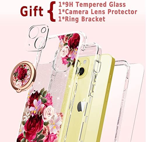 Acketbox עבור מארז iPhone 14 עם מגן מסך + מגן עדשת מצלמה וסוגר טבעות ， עיצוב דפוס פרחים לנשים ונערות, מארז