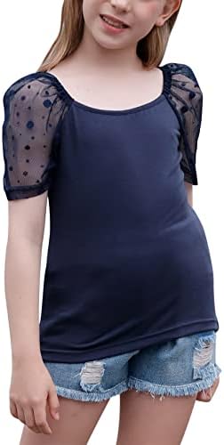 גורליה בנות צמרות חולצת שרוול ראגלן רשת דובי טהור צוואר מרובע חולצות טי מצוידות ל-4-14 ט