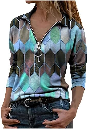 צמרות שרוול ארוכות נשים רוכסן דש גיאומטרי צבעוני טלאים הדפסת חולצת חולצה מזדמנת של צווארון V