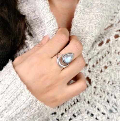 כסף סטרלינג 925 משובץ מונסטון בציר טבעת יצירתי טיפת מים סהר פאנק טבעת נשים של טבעת בוהמי הצהרת אבן טבעת