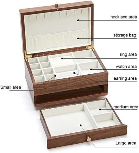 קופסת תכשיטים מעץ לנשים, שחור אגוזי עץ תכשיטים מעץ מארגן ארגון קופסת עץ סולילד עם מנעול משולב לתכשיטים,