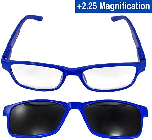 משקפי קריאה של ראייה גלובלית +2.25 הגדלה מסגרת כחולה עם עדשה ברורה ומגוון גווני קליפ מקוטב תואמים