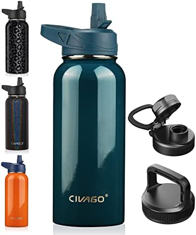 Civago 32 גרם בקבוק מים מבודד עם קש, בקבוק כוס מים ספורט נירוסטה עם 3 מכסים, ספל תרמו לטיול
