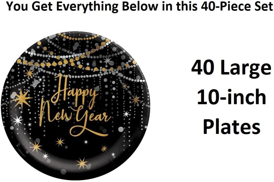 ציוד למסיבות השנה החדשה קבע צלחות נייר - 40 צלחות - 40 חלקים בסך הכל! ...
