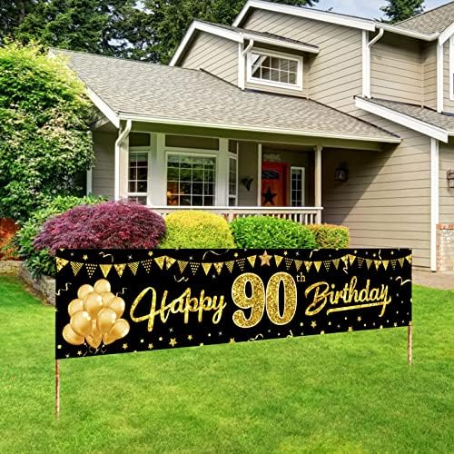 יואוקיי שמח קישוטי באנר ליום הולדת 90 ליום הולדת לנשים, זהב שחור 90 ציוד מסיבות באנר לחצר יום הולדת,