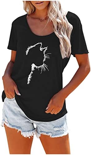 חולצת טריקו של צוואר הנשים חולצת טריקו לחתול חמוד צמרות רופפות מתיחה כתף אחת חולצות טי חולצות שרוול קצר מזדמן