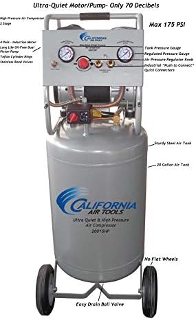 כלים אוויריים בקליפורניה CAT-20015HP אולטרה שקט ונטול שמן 1.5 כס, 20 ליטר 175 PSI מדחס אוויר דו-שלבי