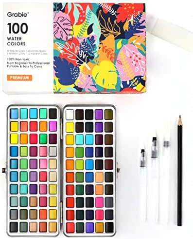 גראבי צבע בצבעי מים סט, צבעי צבעי מים, 100 צבעים, ציור סט עם מים מברשת עטים וציור עיפרון, נהדר עבור ילדים