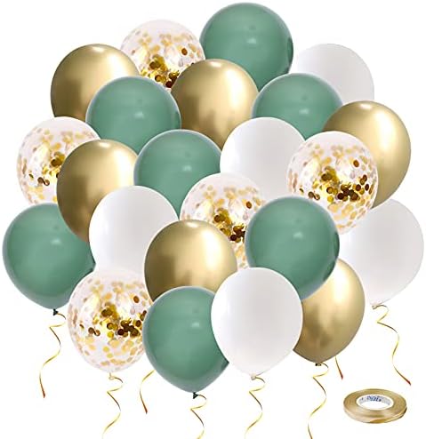 ירוק וזהב מסיבת בלונים, 50 יחידות 12 אינץ רטרו מרווה ירוק לבן מתכתי זהב קונפטי בלוני עם סרט