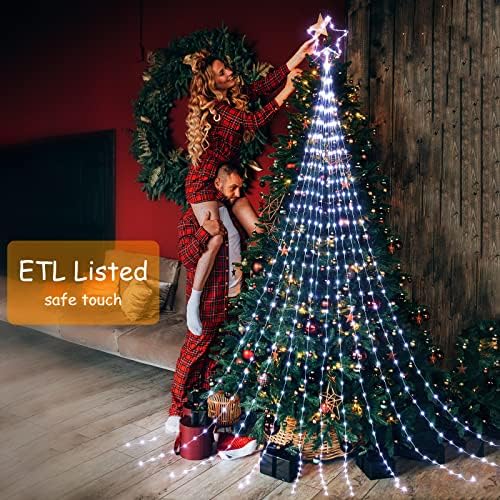 קישוטי חג המולד אורות מיתרי כוכבים, 344 אורות עץ מפל LED עם 11 אורות חג המולד של כוכב ברזל טופר מקורה דקורטיבי