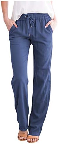 מכנסי פשתן לנשים קיץ מכנסי רגל רחבים ישר שרוך מכנסיים מותניים גבוהים