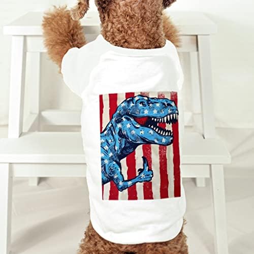 חולצת טריקו של כלב דגל ארהב - חולצת כלבים של טירנוזאורוס - בגדי כלבים של דינוזאור - לבן, 2xl