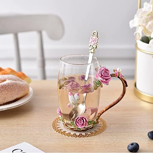 סוק הוא כמה אמייל עלה ופרפר פרח זכוכית תה כוס זכוכית יום הולדת מתנות לנשים עם כפית יפה עלה פרח