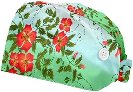 טרופי אדום פרחים ירוק צמחים עבודה כובע עם כפתורים וסרט זיעת מתכוונן עניבה חזרה נפוחה כובעי עבור