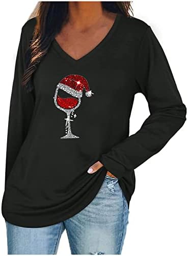 חולצות חג מולד לנשים שרוול ארוך V צוואר טוניקה צמרות נוצץ נוצץ הדפס יין חולצת טי רופפת צמרות חג מזדמנים