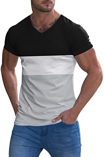 HDDK Mens Mens Short-Shile חולצות נ 'צוואר, טלאים מפוספסים בקיץ סלים ספורט טי ספורט צמרת טשטוש