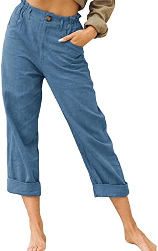 פשתן מכנסיים לנשים בכושר רגוע מוצק צבע אלסטי חיכה מכנסי קל משקל ישר רגל קיץ מכנסיים עם כיסים