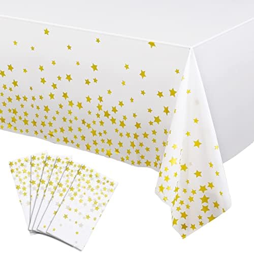 טודומרו 6 מארז מפת שולחן כוכב זהב מפלסטיק לבן וזהב מפת שולחן חד פעמית כוכב זהב כיסוי שולחן פלסטיק מלבן מפת