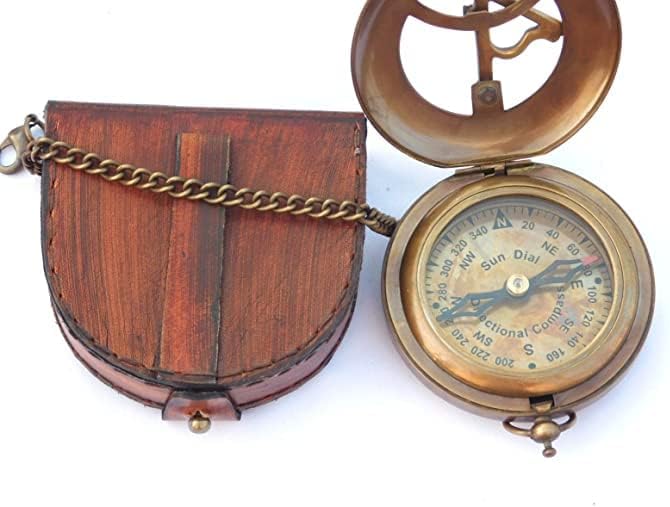מצפן שמש פליז עם מארז עור ושרשרת - דחף מצפן פתוח - אביזר Steampunk - גימור עתיק - מתנה יפה בעבודת יד - שעון