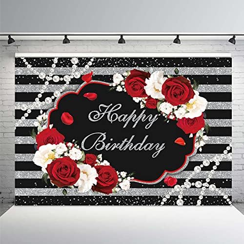 Mehofond יום הולדת שמח רקע לקישוטים למסיבות נשים ורדים אדומים ולבנים פרל שחור רסיס פסים