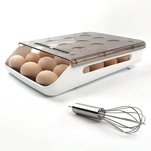 מיכל ביצה מקרר ביתי - מיכל ביצה עם 18 משבצות מכוסות, מחזיק רולר ביצה אוטומטי ואחסון ביצים עם