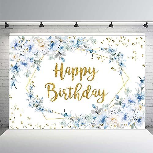 מהופונד יום הולדת שמח רקע כחול לבן פרחים למבוגרים צילום רקע מסיבת יום הולדת קישוט זהב נצנצים נקודות