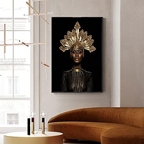 מופשט זהב כתר שחור אפריקאי אישה ציור שמן על בד והדפסי סקנדינבי קיר אמנות תמונה עבור שינה מתקדם