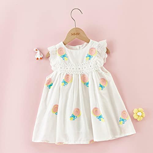 ילדה קיץ שמלת תינוקות תינוק בנות פרחוני קריקטורה רקמת שרוולים תחרה שמלות אופנה לטוס שרוול נדנדה