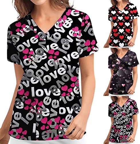 נשים של חולצות וחולצות אהבת הדפסת קצר שרוול צווארון כיס בבאגי חוף יומי חולצות זוג לשפשף חולצות