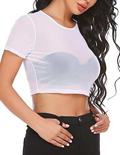 חולצת קרופ רשת לנשים שרוול קצר טיז גוף לראות דרך חולצה או בגדי מועדון צוואר