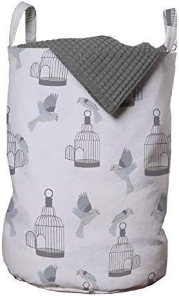 שק כביסה לכלוב ציפורים, דוגמה עם כלוב ציפורים וכנרית בצבעי פסטל קומפוזיציה בסגנון וינטג 'עלוב, סל סל עם ידיות