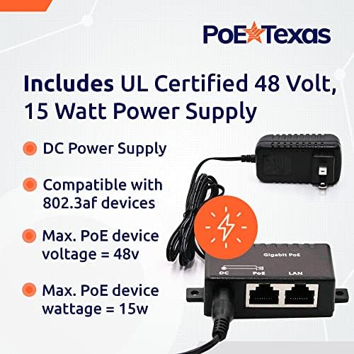 מזרק POE Texas POE - כוח יציאה יחיד על מתאם POE פסיבי של Ethernet - 10/100/1000 נתוני ג'יגביט - כולל