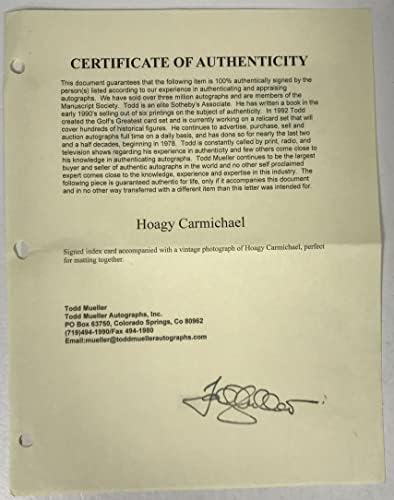 Hoagy Carmichael חתום על חתימת וינטג 'חתימה 8.5x11 תצוגה - COA לכל החיים